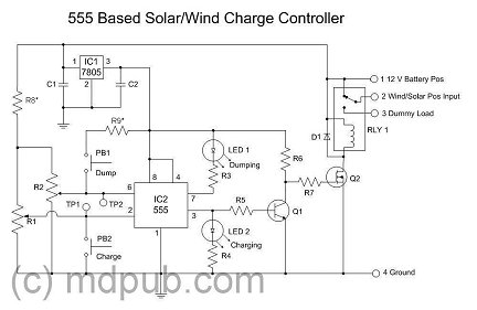 The schematic of my new 555 based charge controller circuit.