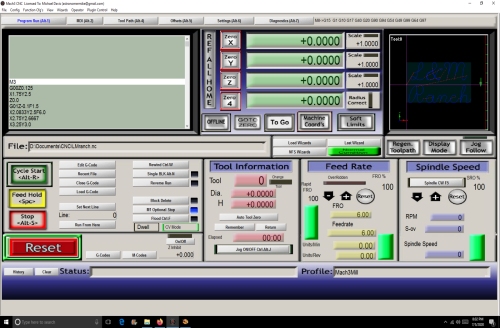 The Mach3 CNC cutting screen.