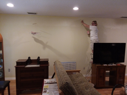Leslie painting the living room.