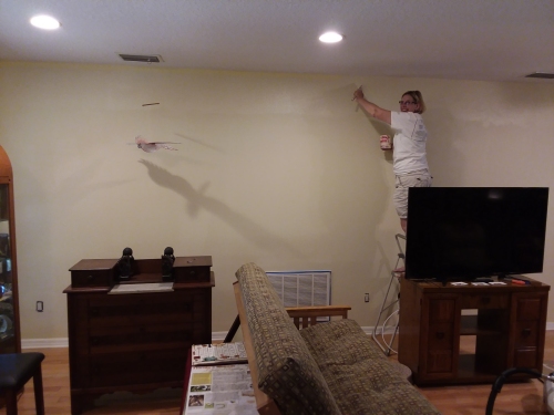 Leslie painting the living room.