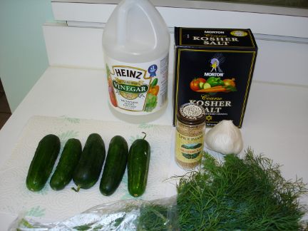 All the ingredients needed to make dill pickles.