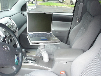 The finished laptop tray installed in the truck