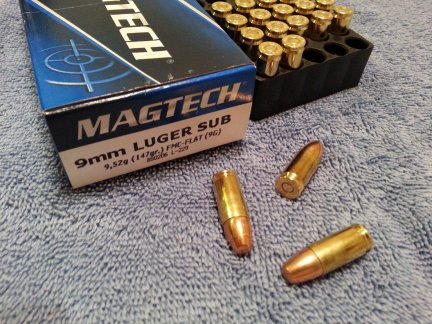 Magtech 9mm Luger 147 gr subsonic ammunition.