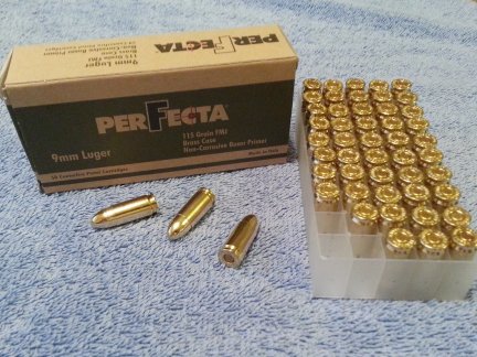 Perfecta 9mm Luger 115 grain FMJ Brass Case ammunition.