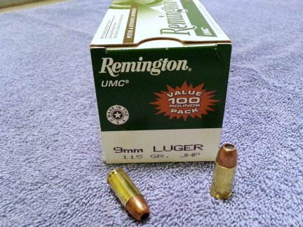  a box of Remington UMC 9mm Luger 15gr JHP ammunition.