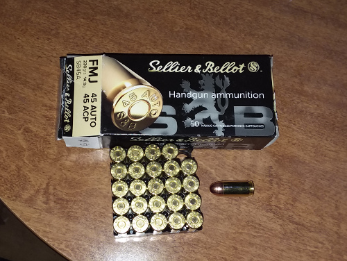 A box of Sellier & Bellot 45 ACP ammunition.
