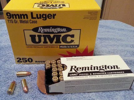 Remington UMC 9mm Luger 115 grain FMJ 250 round bulk ammunition.