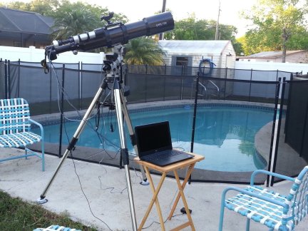 My 5 inch Explore Scientific refractor set up on my pool deck.