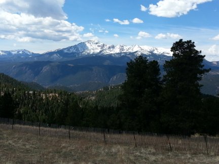 A view of Pikes Peak covered in snow.
