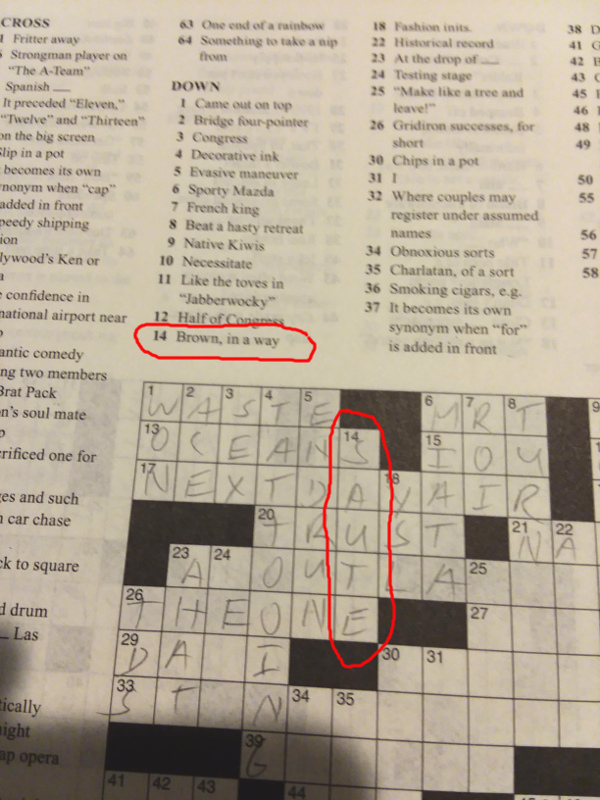 Brown in a crossword puzzle